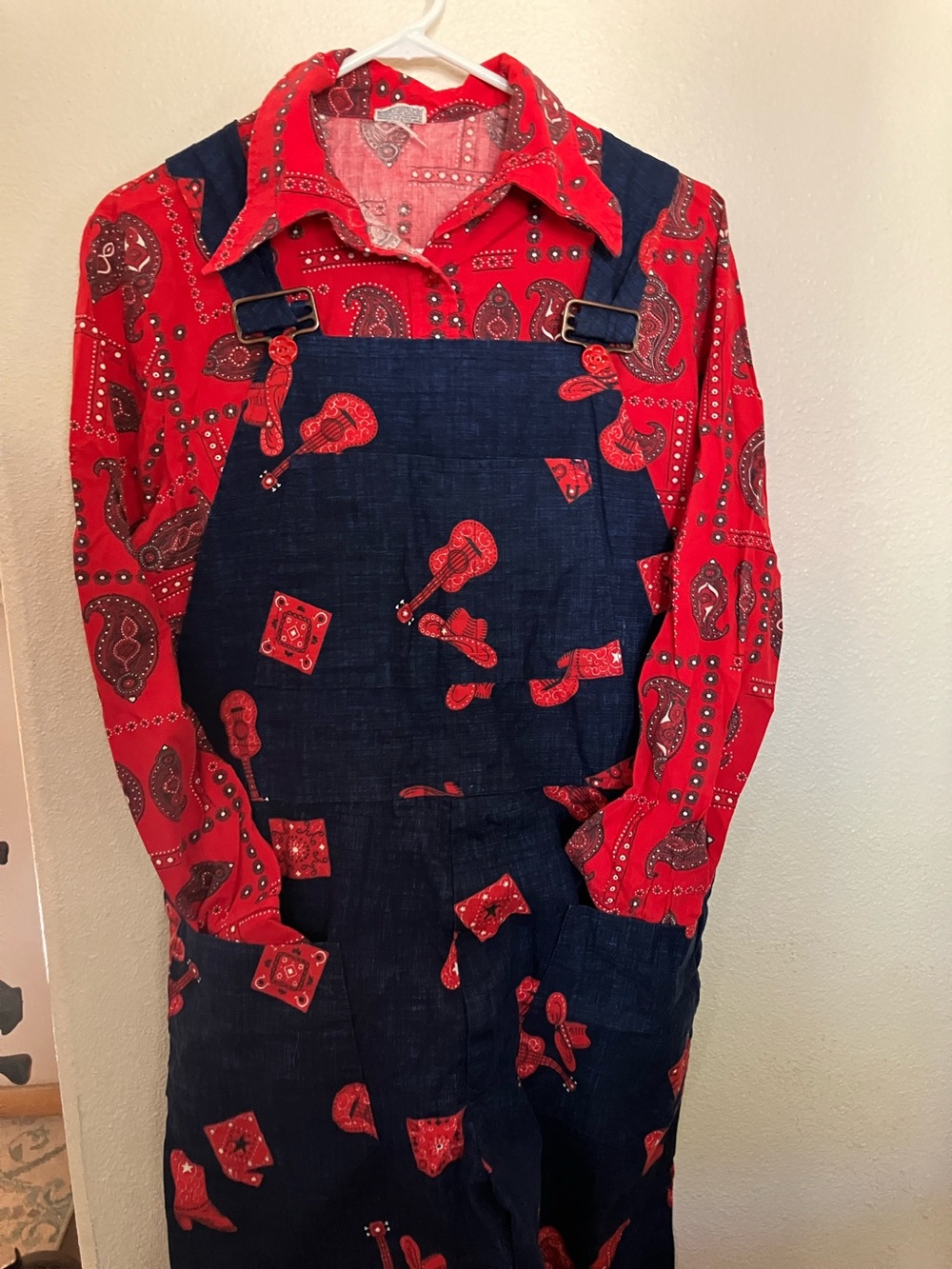 Vtg Western Paisley Shirt and Overalls Set Red Blue One of a Kind Costume Yeehaw